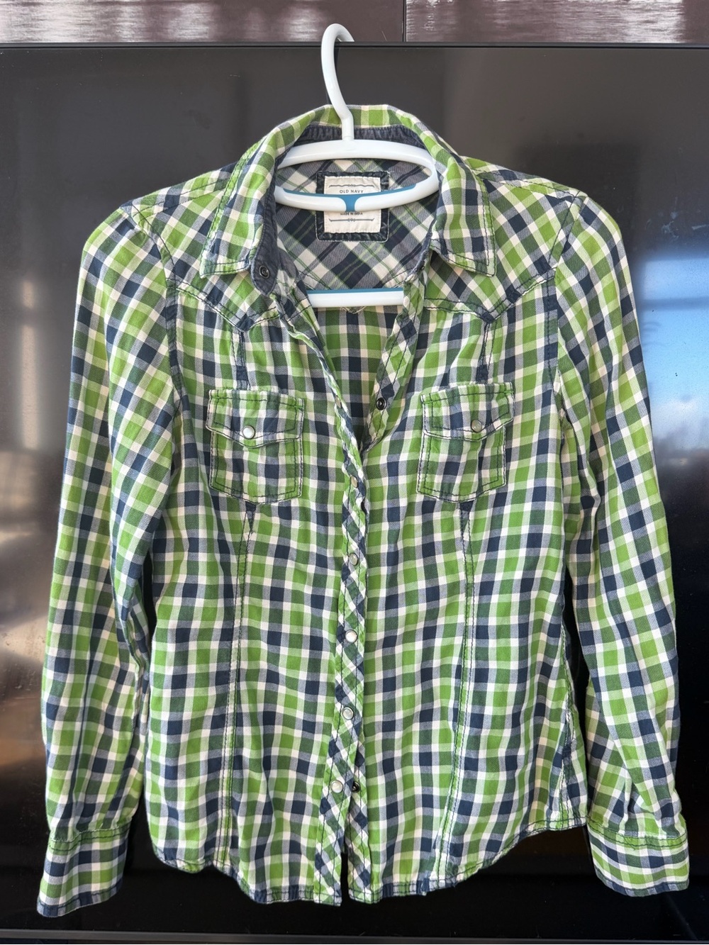 Old Navy Vintage Plaid Western 100% Cotton Pearl Snap Button Down Shirt Medium